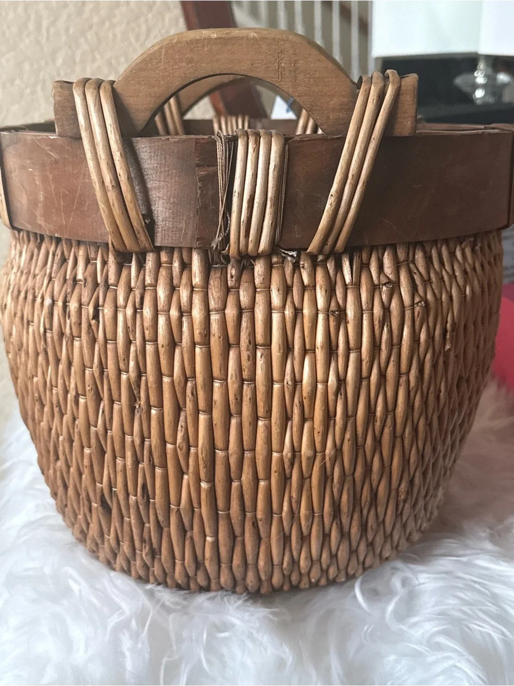 Antique Chinese Woven Willow Gathering Basket Medium Hand Carved Arched Handles